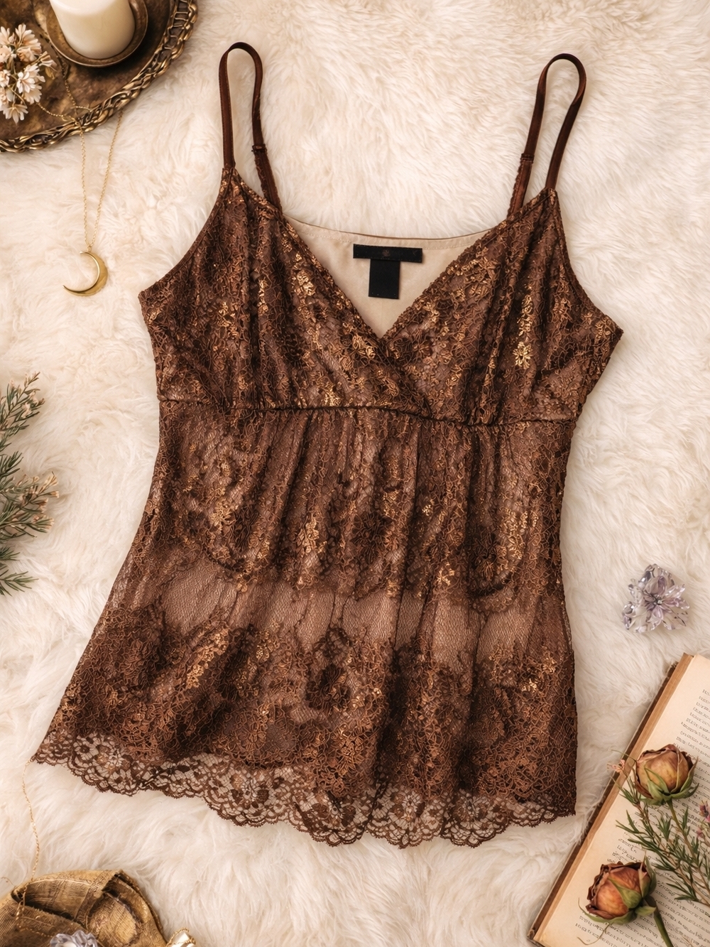 Y2K Brown Lace Cami Top Medium Sheer Overlay Lined Soft Grunge Whimsigoth